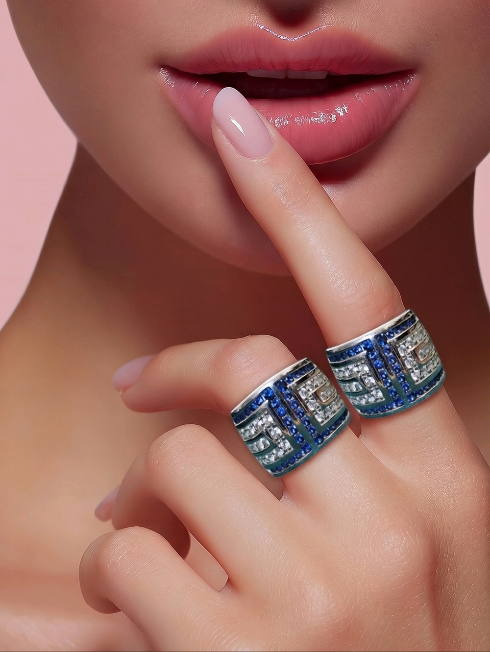 📣 Absolute CZ & Sapphires💙 925 Silver Wide Band Ring Size 7 - 7 5 See Sizer 😍